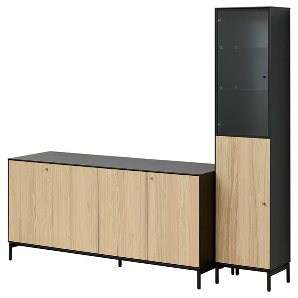 BOASTAD storage combination, black/oak veneer, 203x185 cm
