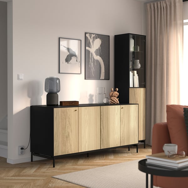 BOASTAD storage combination, black/oak veneer, 203x185 cm