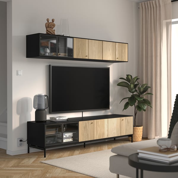 BOASTAD TV storage combination, black/oak veneer, 181x42 cm