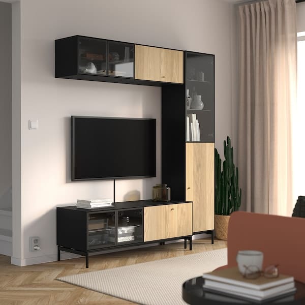 Ikea BOASTAD - TV storage combination, black/oak veneer, 163x42x185 cm
