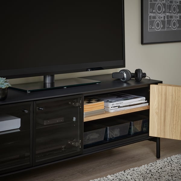 BOASTAD TV bench, black/oak veneer, 121x42x45 cm