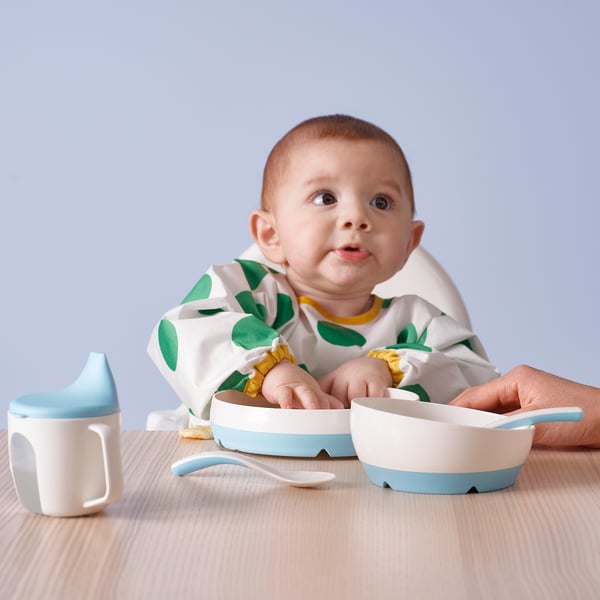 BÖRJA feeding spoon and baby spoon, white/blue