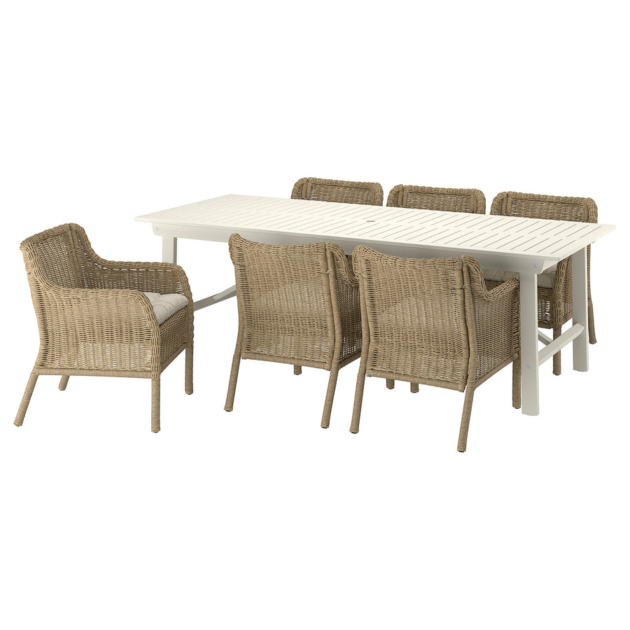 BONDHOLMEN / ULVEVÄR table+6 chairs w armrests, outdoor, white/beige plastic rattan brown/Kuddarna light grey-beige, 235x90 cm