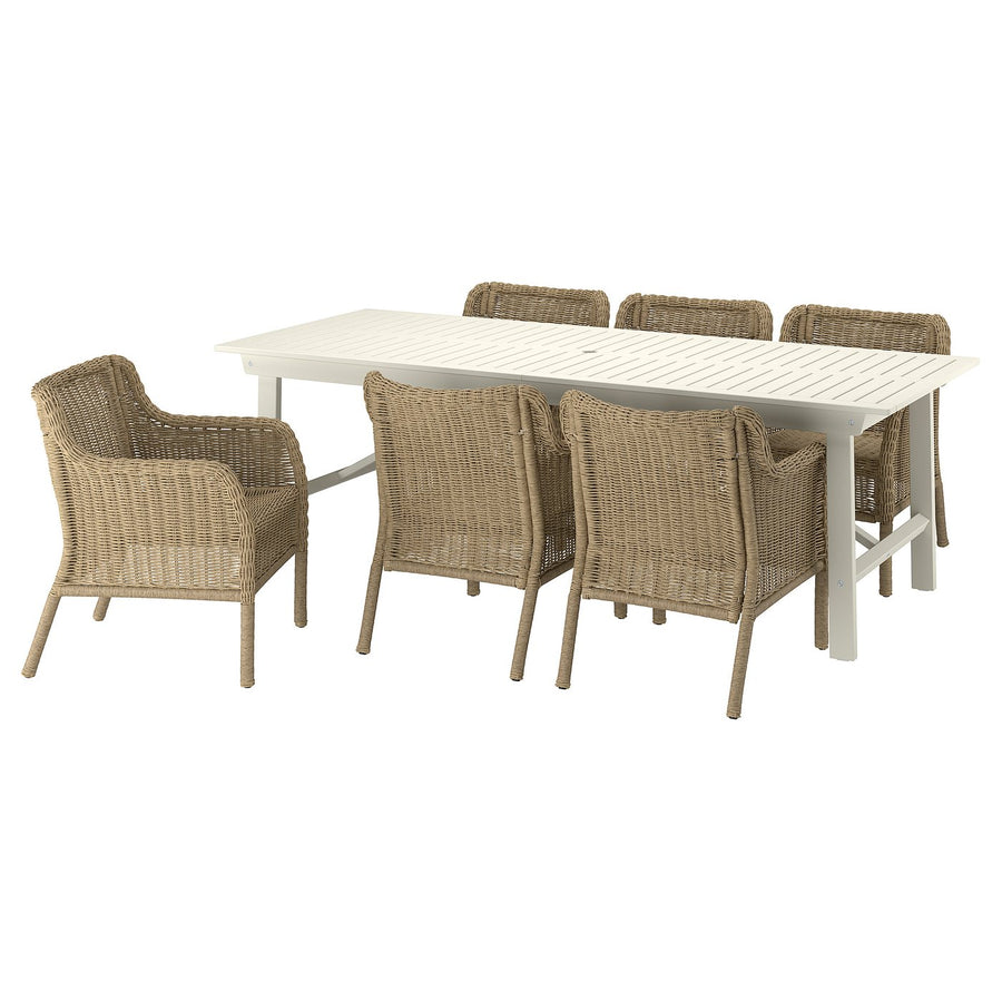 BONDHOLMEN / ULVEVÄR table+6 chairs w armrests, outdoor, white/beige plastic rattan brown, 235x90 cm