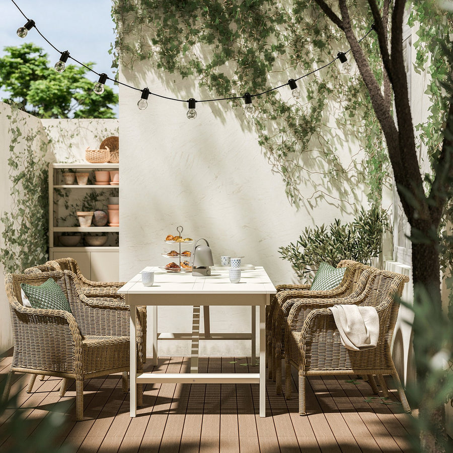 BONDHOLMEN / ULVEVÄR table+6 chairs w armrests, outdoor, white/beige plastic rattan brown, 235x90 cm