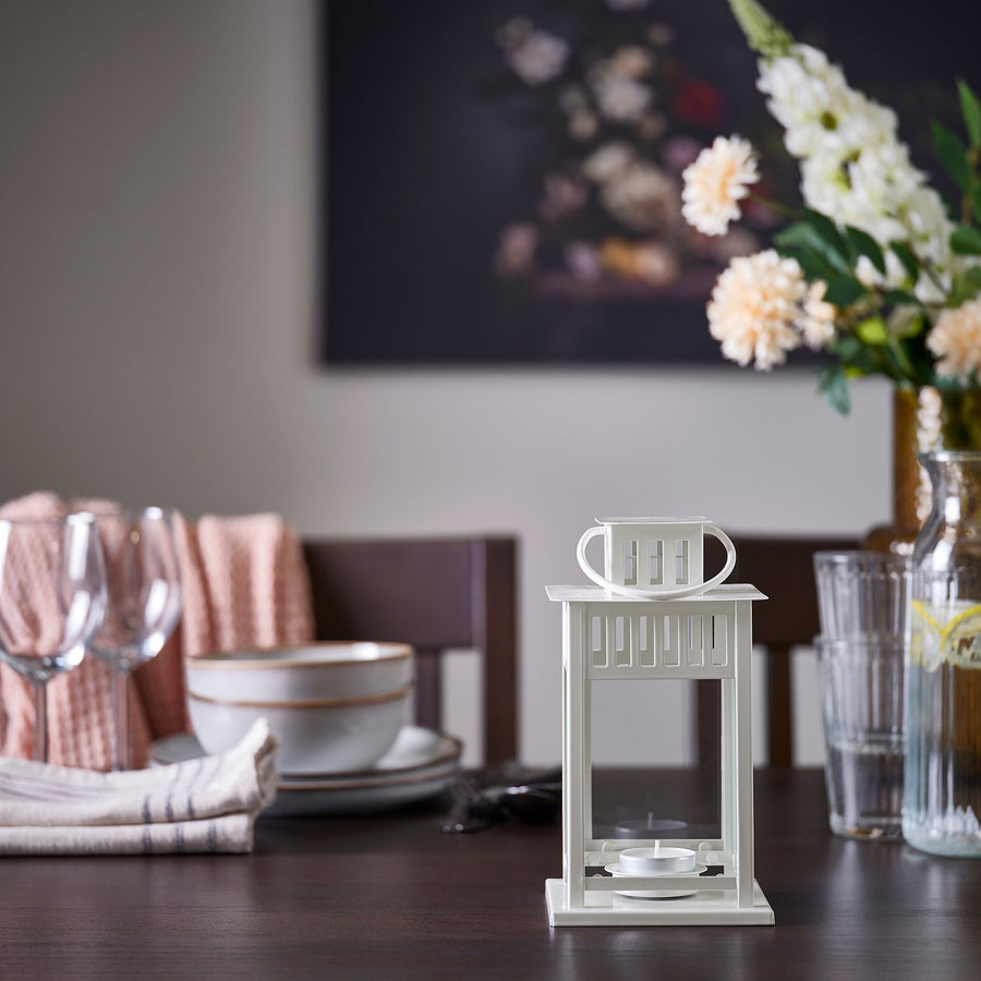 BORRBY lantern for tealight, in/outdoor white, 20 cm