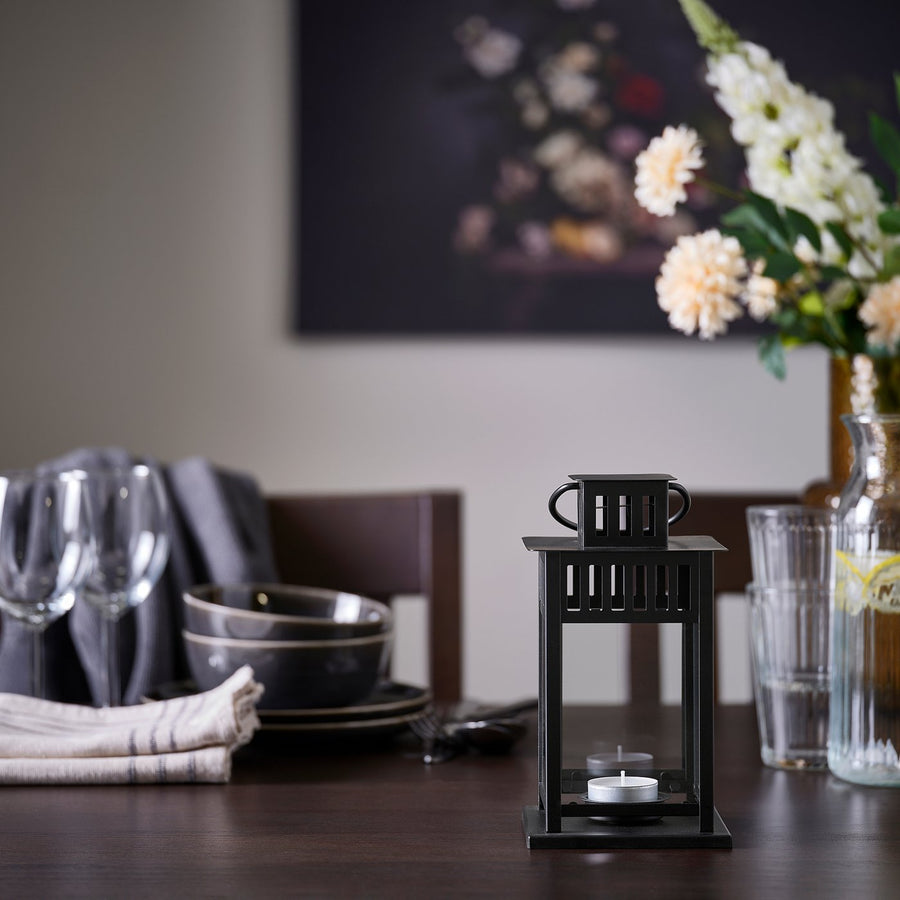 BORRBY lantern for tealight, in/outdoor black, 20 cm