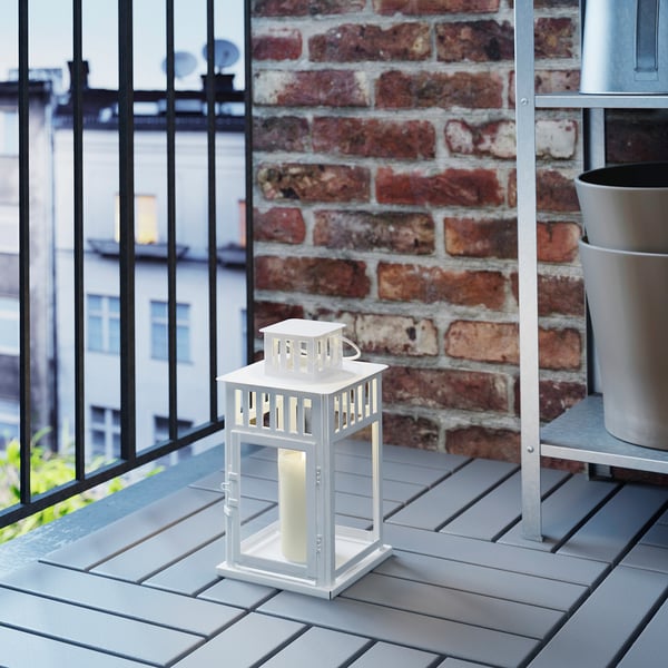 BORRBY lantern for block candle, in/outdoor white, 28 cm