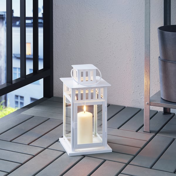 BORRBY lantern for block candle, in/outdoor white, 28 cm