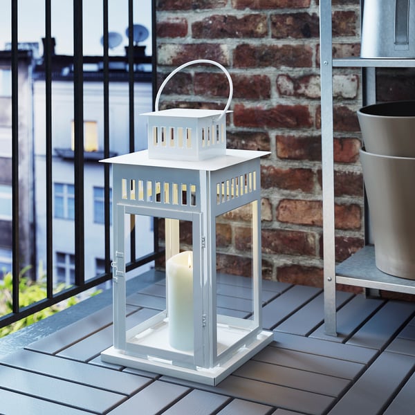 BORRBY lantern for block candle, in/outdoor white, 44 cm