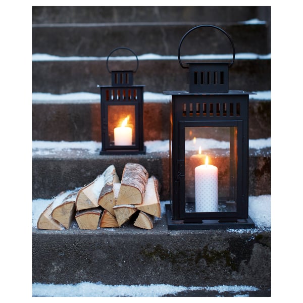 BORRBY lantern for block candle, in/outdoor black, 28 cm