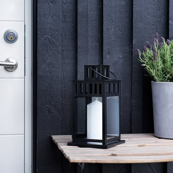 BORRBY lantern for block candle, in/outdoor black, 28 cm