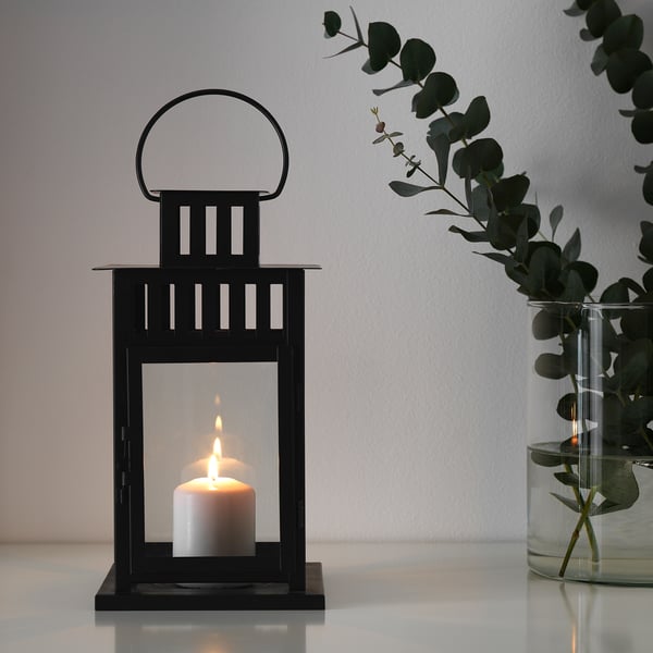 BORRBY lantern for block candle, in/outdoor black, 28 cm