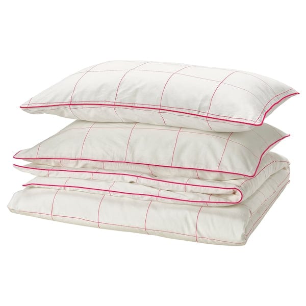 Ikea BREDVECKLARE - Duvet cover and 2 pillowcases, white pink/check, 240x220/50x80 cm