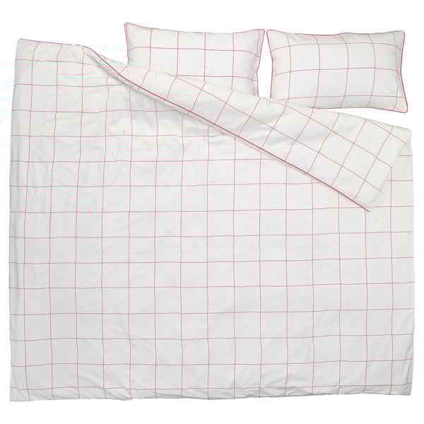 BREDVECKLARE duvet cover and 2 pillowcases, white pink/check, 240x220/50x80 cm