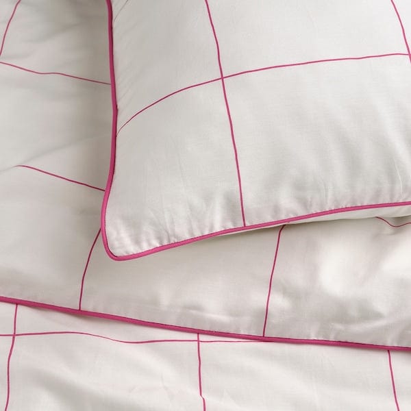 Ikea BREDVECKLARE - Duvet cover and 2 pillowcases, white pink/check, 240x220/50x80 cm