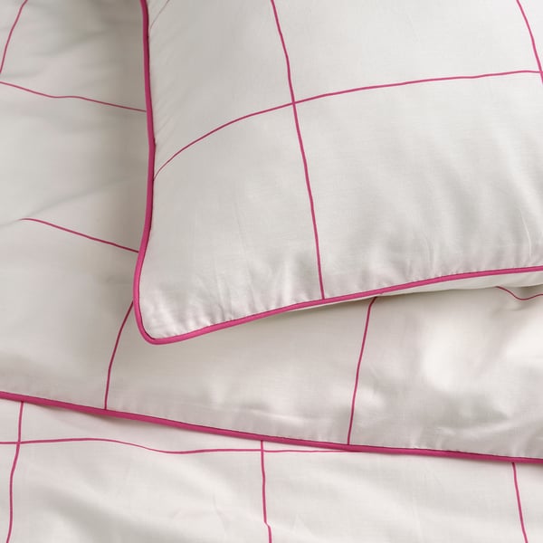 BREDVECKLARE duvet cover and 2 pillowcases, white pink/check, 240x220/50x80 cm