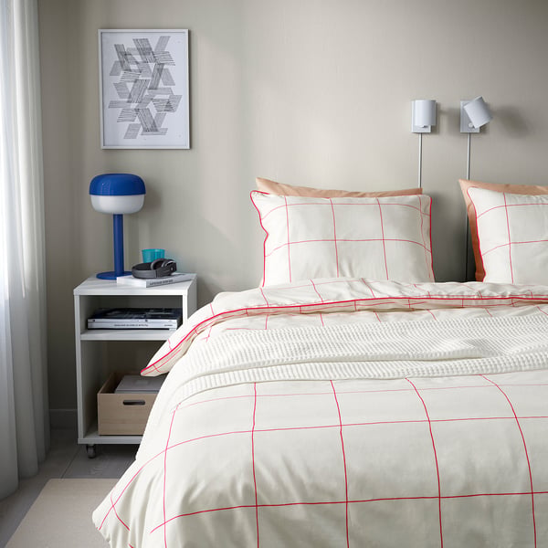 BREDVECKLARE duvet cover and 2 pillowcases, white pink/check, 240x220/50x80 cm