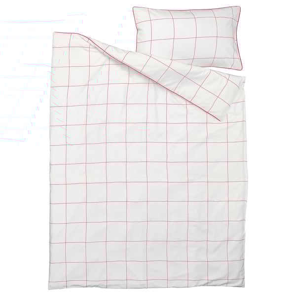 BREDVECKLARE duvet cover and pillowcase, white pink/check, 200x150 cm