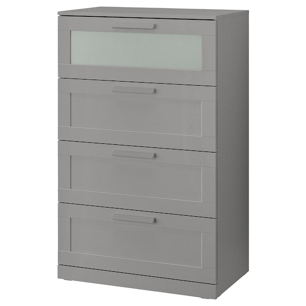 BRIMNES chest of 4 drawers, grey/frosted glass, 78x124 cm