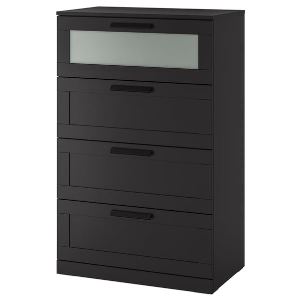 BRIMNES chest of 4 drawers, black/frosted glass, 78x124 cm