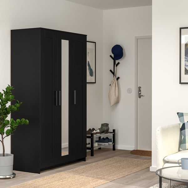BRIMNES wardrobe with 3 doors, black, 117x190 cm