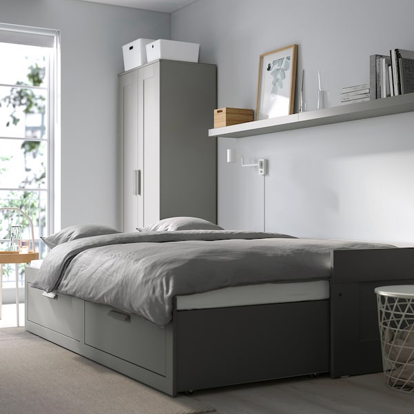 BRIMNES day-bed w 2 drawers/2 mattresses, grey/Åfjäll firm, 80x200 cm