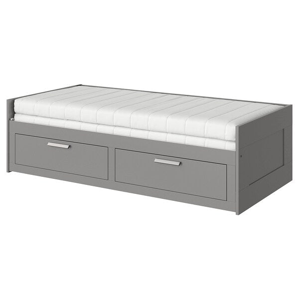 BRIMNES day-bed w 2 drawers/2 mattresses, grey/Åfjäll firm, 80x200 cm