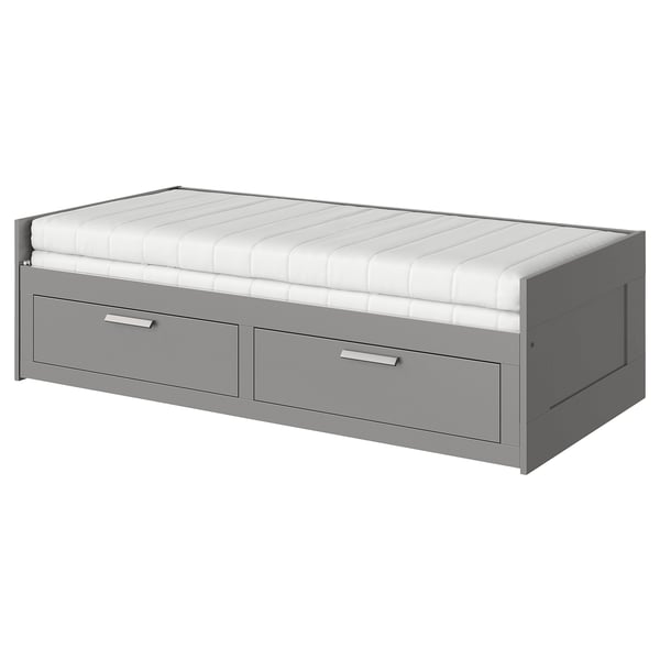 BRIMNES day-bed w 2 drawers/2 mattresses, grey/Åfjäll firm, 80x200 cm