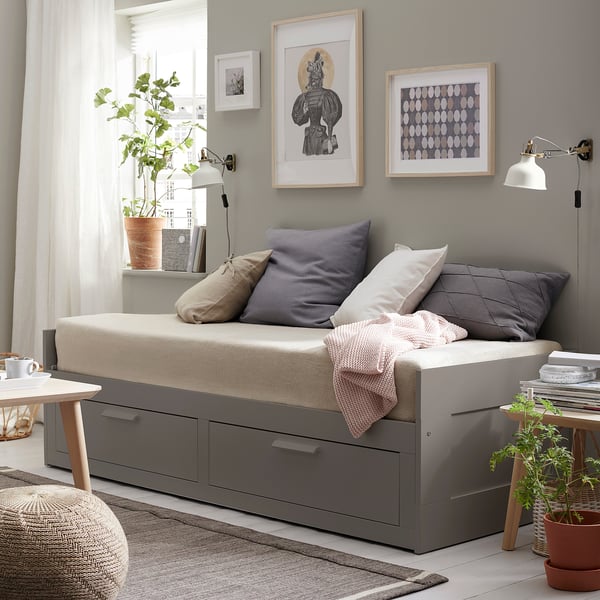 BRIMNES day-bed w 2 drawers/2 mattresses, grey/Åfjäll medium firm, 80x200 cm