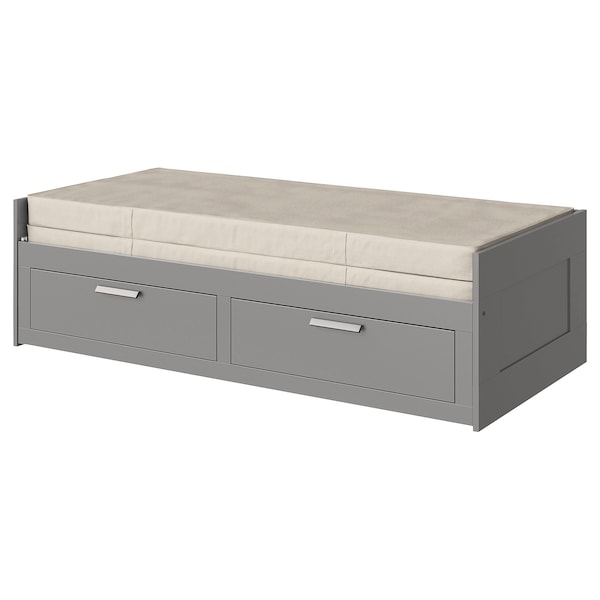 BRIMNES day-bed w 2 drawers/2 mattresses, grey/Vannareid extra firm, 80x200 cm