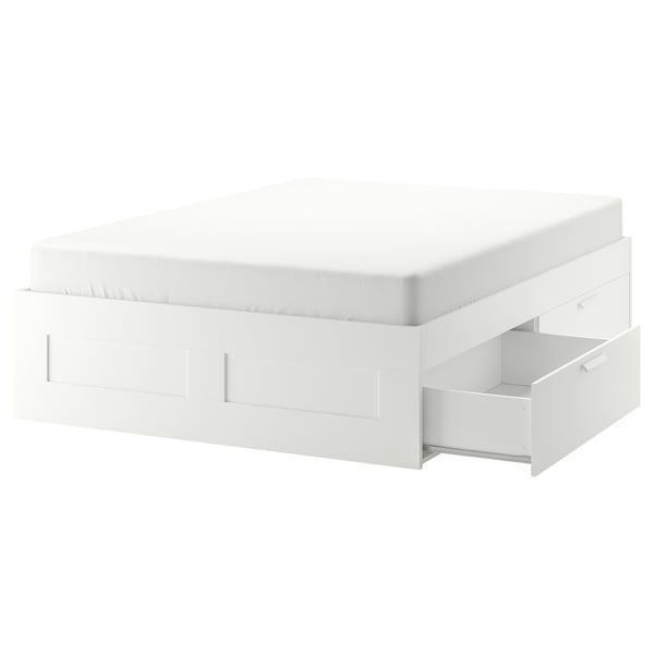 BRIMNES bed frame with storage, white/Lindbåden, 160x200 cm