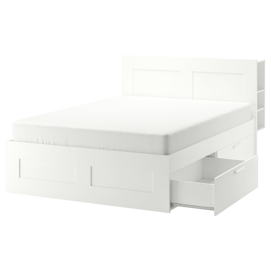 BRIMNES bed frame w storage and headboard, white/Lillhällan, 140x200 cm