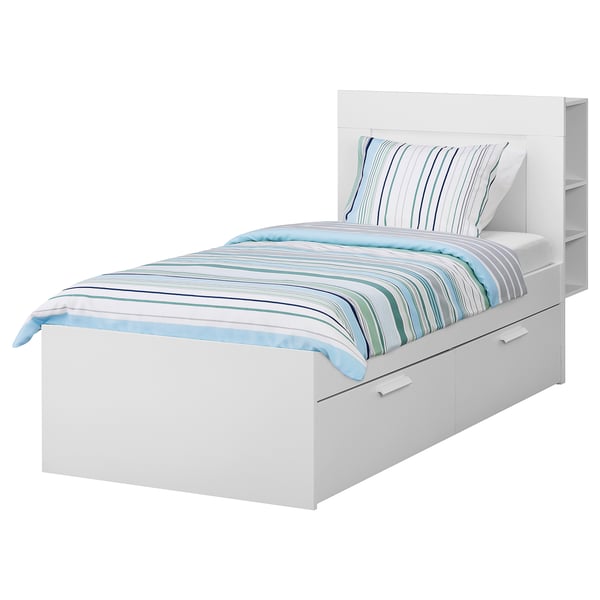 BRIMNES bed frame w storage and headboard, white/Lindbåden, 90x200 cm