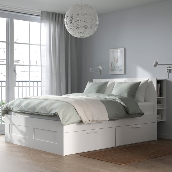 BRIMNES bed frame w storage and headboard, white/Lindbåden, 160x200 cm