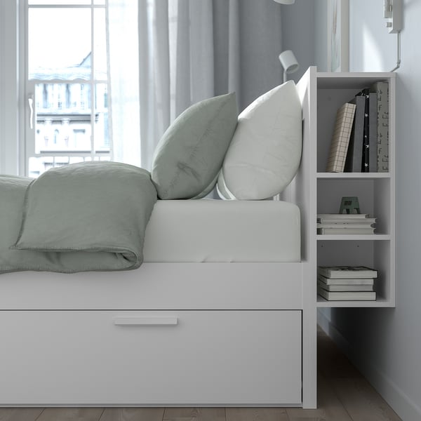 BRIMNES bed frame w storage and headboard, white/Lindbåden, 160x200 cm