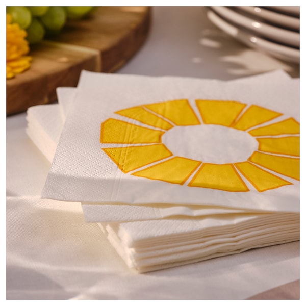 BRÖGGAN - Paper napkin, white/yellow, 33x33 cm