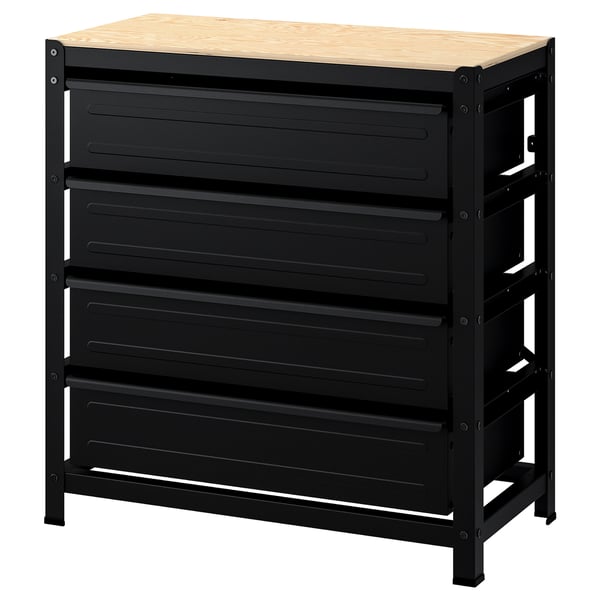 BROR work bench with drawers, black/pine plywood, 85x40x89 cm