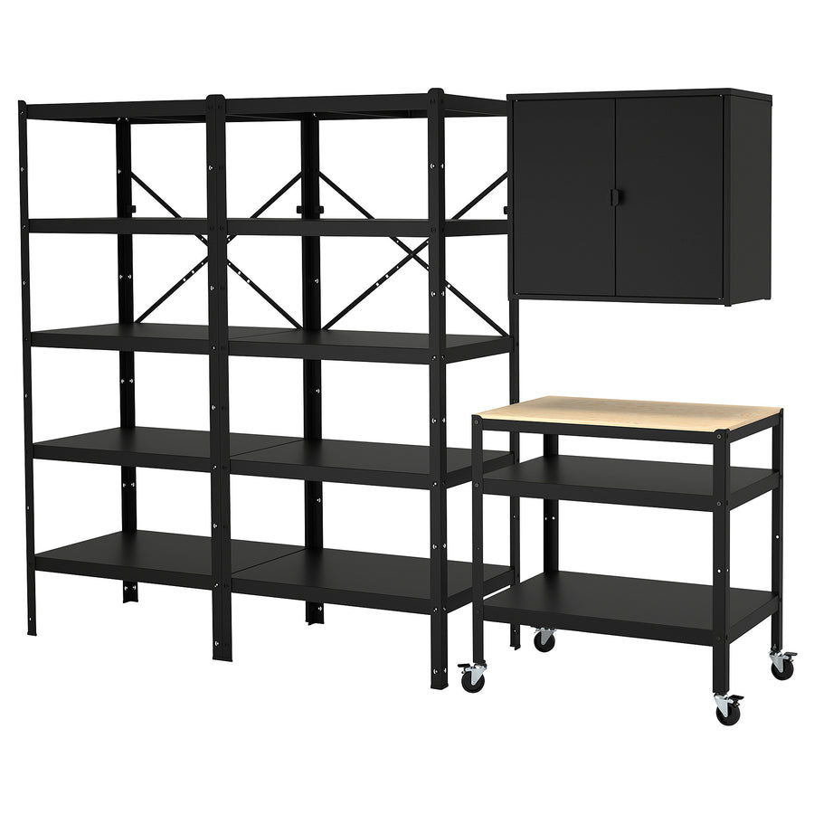 BROR storage w shelves/cabinet/trolley, black/pine plywood