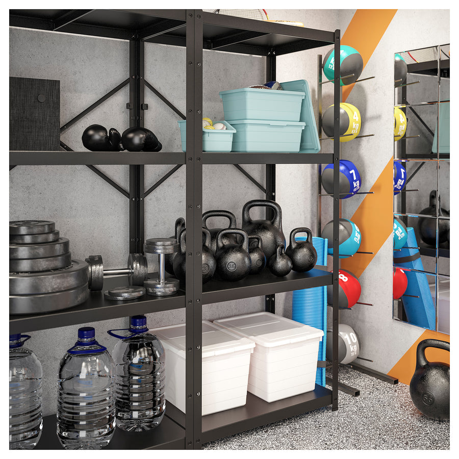 BROR storage w shelves/cabinet/trolley, black/pine plywood