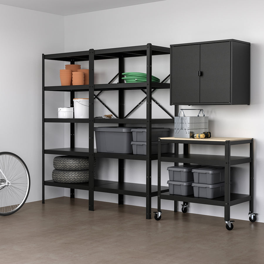 BROR storage w shelves/cabinet/trolley, black/pine plywood