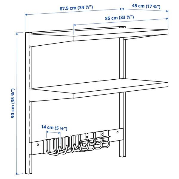 BROR wall shelf combination, with hooks/2 shelves/black, 88x45x90 cm