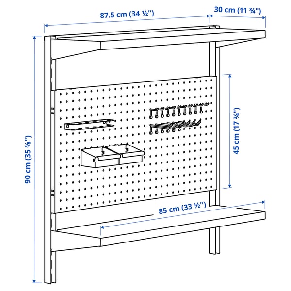 BROR wall shelf combination, with pegboard/2 shelves/black, 88x30x90 cm
