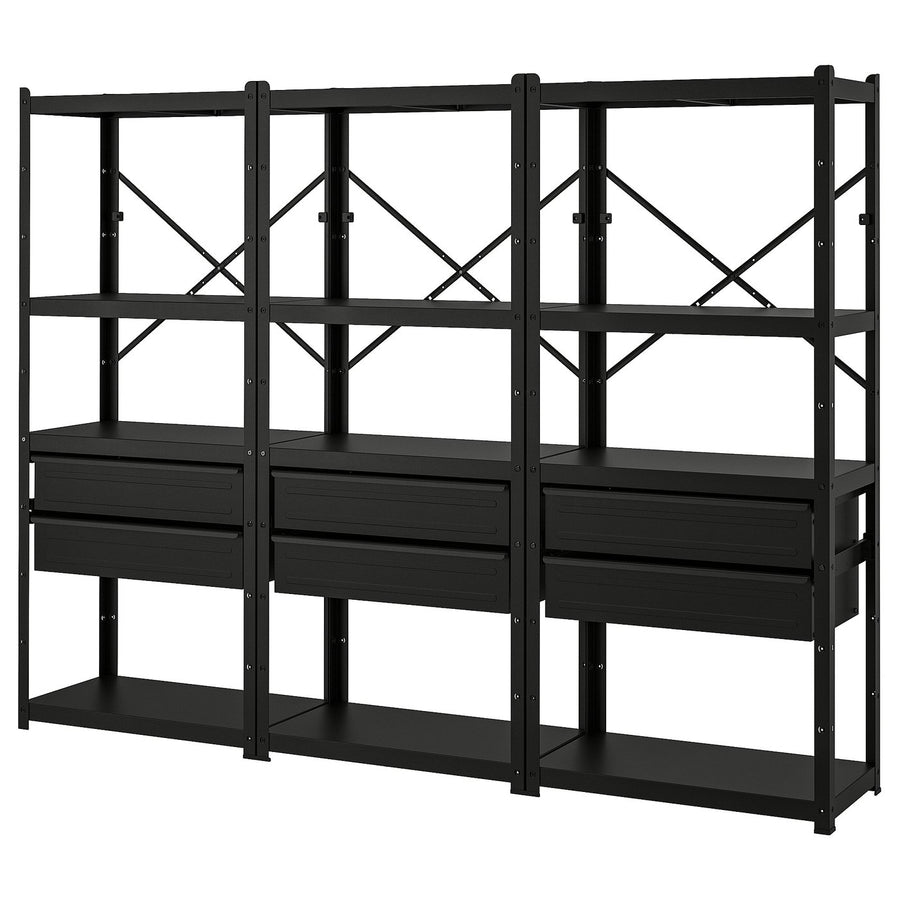 BROR shelving unit with drawers/shelves, black, 254x40x190 cm
