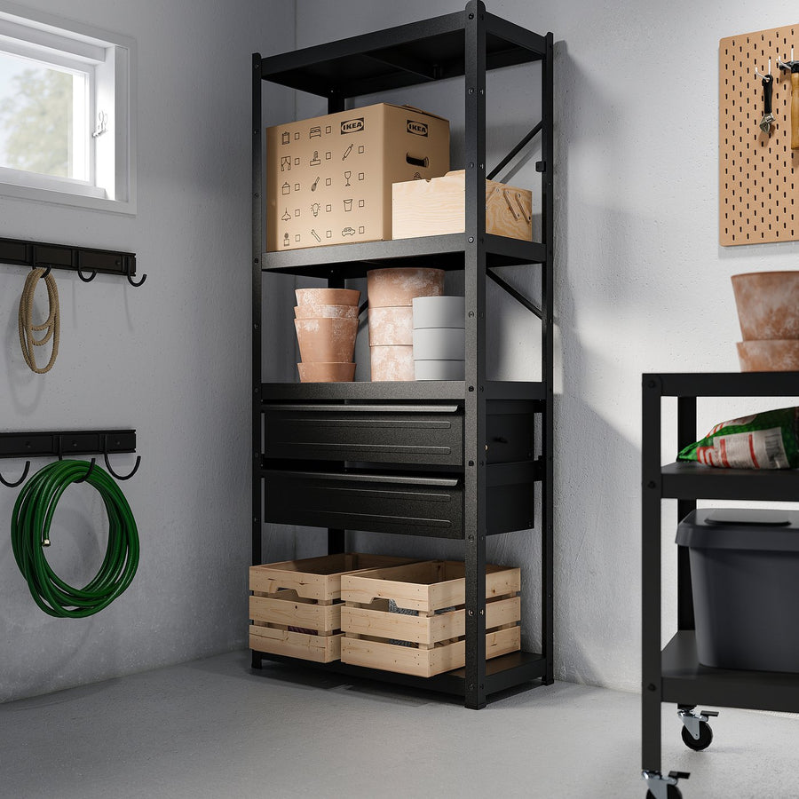 BROR shelving unit with drawers/shelves, black, 85x40x190 cm