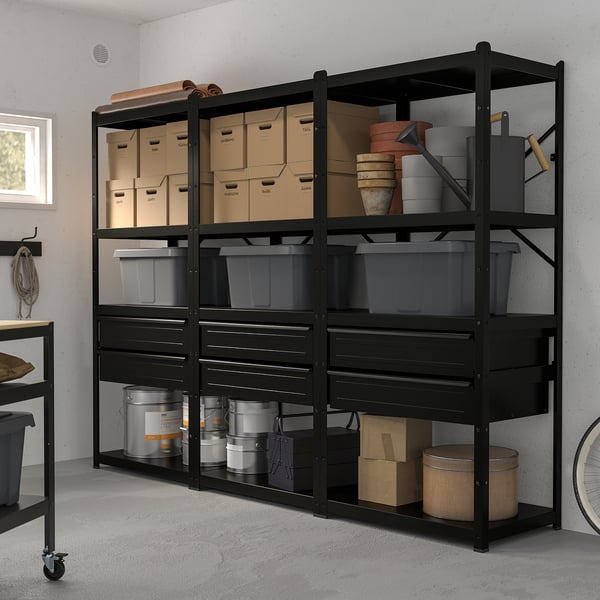 BROR shelving unit with drawers/shelves, black, 254x55x190 cm