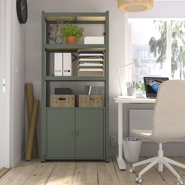 BROR shelving unit with cabinet, grey-green/pine plywood, 85x40x190 cm