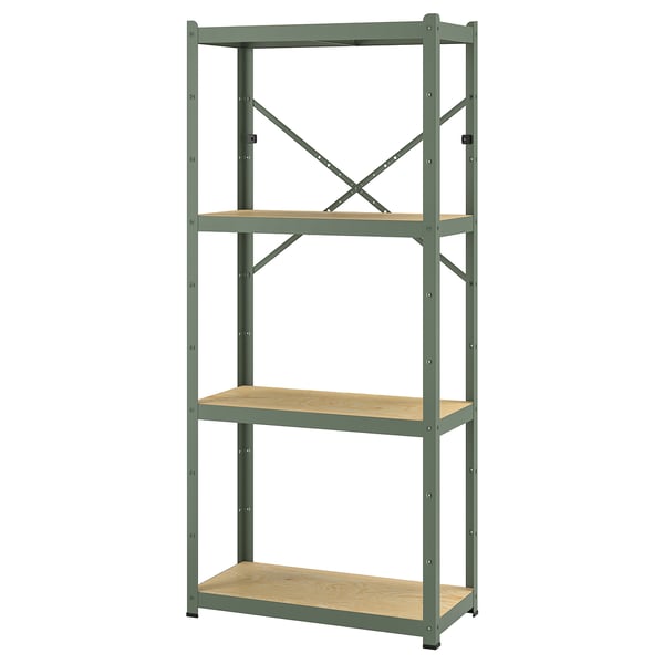 BROR shelving unit, grey-green/pine plywood, 85x40x190 cm