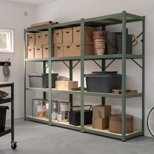 BROR shelving unit, grey-green/pine plywood, 254x55x190 cm
