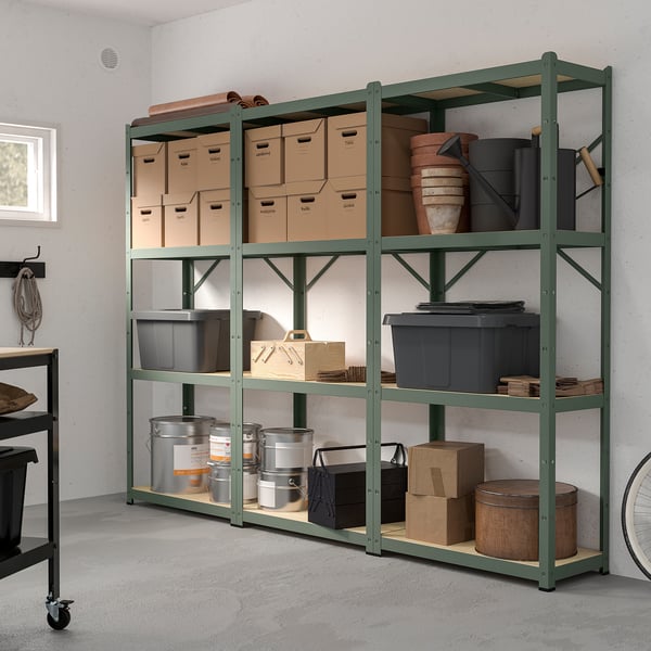 BROR shelving unit, grey-green/pine plywood, 254x40x190 cm